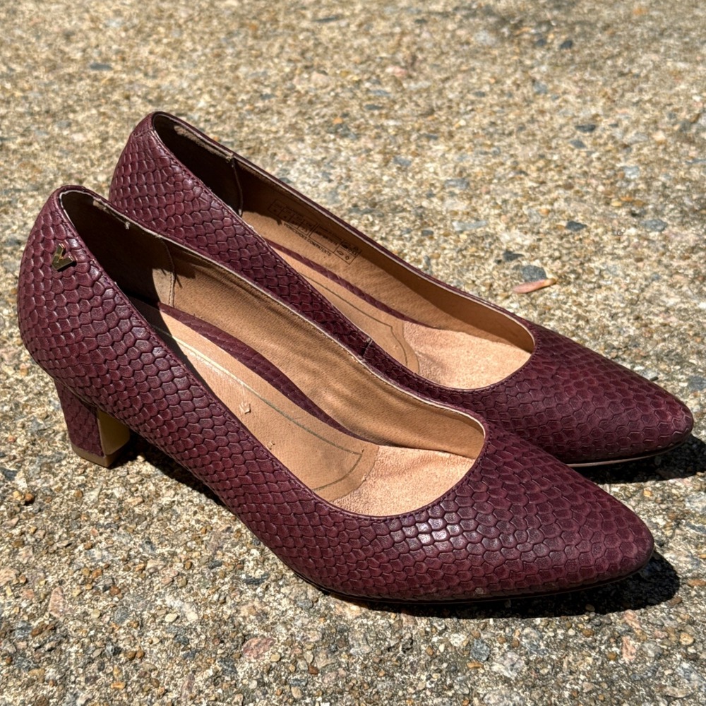 Vionic Madison Mia In Merlot Snakekin Embossed Leather Block Heel Pumps Shoes 6